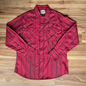 Wrangler Mens Long Sleeve Red Striped Western Shirt - pearl snaps (size Large)